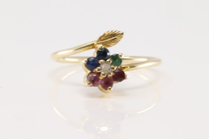 Multi-Color Gemstone and Diamond Flower Ring 14Kt.