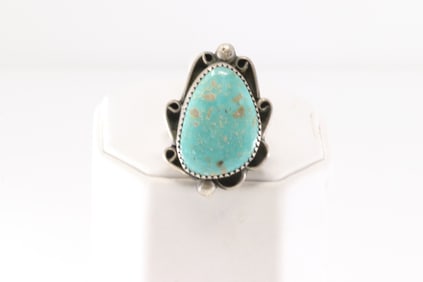 Native America Navajo Sterling Silver Kingman Turquoise Ring By M.J.