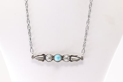 Native America Navajo Sterling Silver Turquoise Necklace By Mariano Benally.