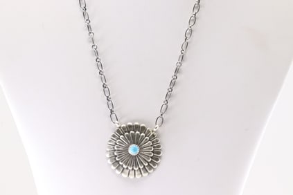 Native America Navajo Sterling Silver Turquoise Necklace By Sheldon Mariano.