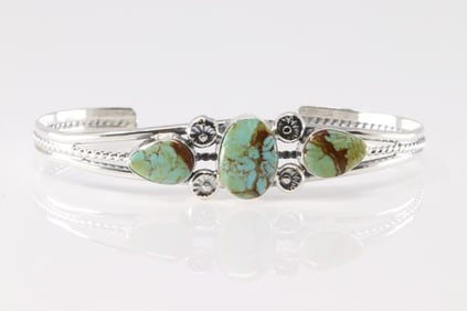 Native America Navajo Sterling Silver Turquoise Bracelet Cuff By Charlene Yazzie.