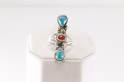 Native America Navajo Sterling Silver Coral & Turquoise Ring By Jerryson Henio.