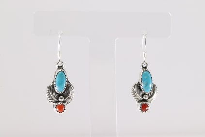 Native America Navajo Sterling Silver Coral & Turquoise Dangling Earring's By Robert Martinez.