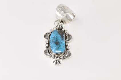 Native America Navajo Sterling Silver Turquoise Pendant By Marie Jones.