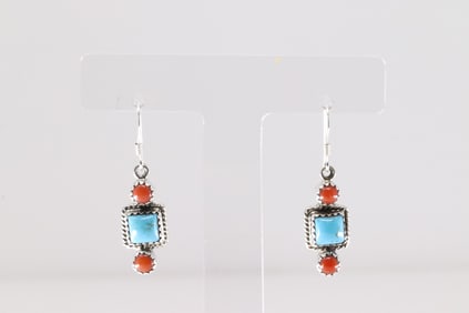 Native America Navajo Sterling Silver Coral & Turquoise Dangling Earring's By Gary Shorty.