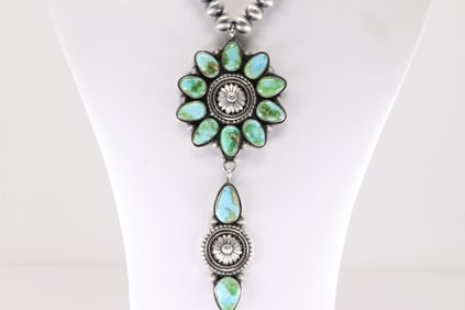 Native American Navajo Sterling Silver Sonora Gold Turquoise Necklace By Tom Lewis.