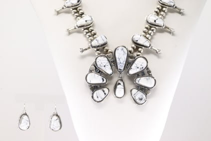 Native America Navajo Sterling Silver White Buffalo Squash Blossom Necklace & Earring's Set By