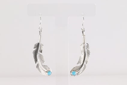 Native America Navajo Sterling Silver Turquoise Feather Dangling Earring's By Louise Joe.