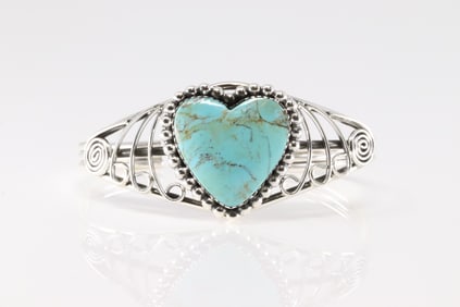 Native America Navajo Sterling Silver Kingman Turquoise Heart Bracelet Cuff By Jimmy Garcia.