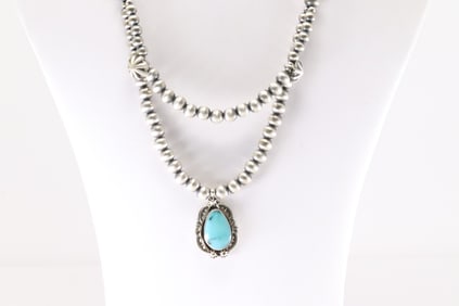 Native America Navajo Sterling Silver Double Beaded Strand Turquoise Necklace By Lucinda Sardo.