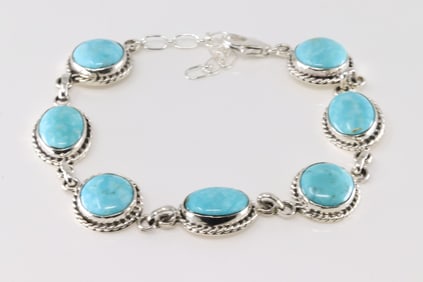 Native America Navajo Sterling Silver Kingman Turquoise Bracelet Link By Arlene Lewis.