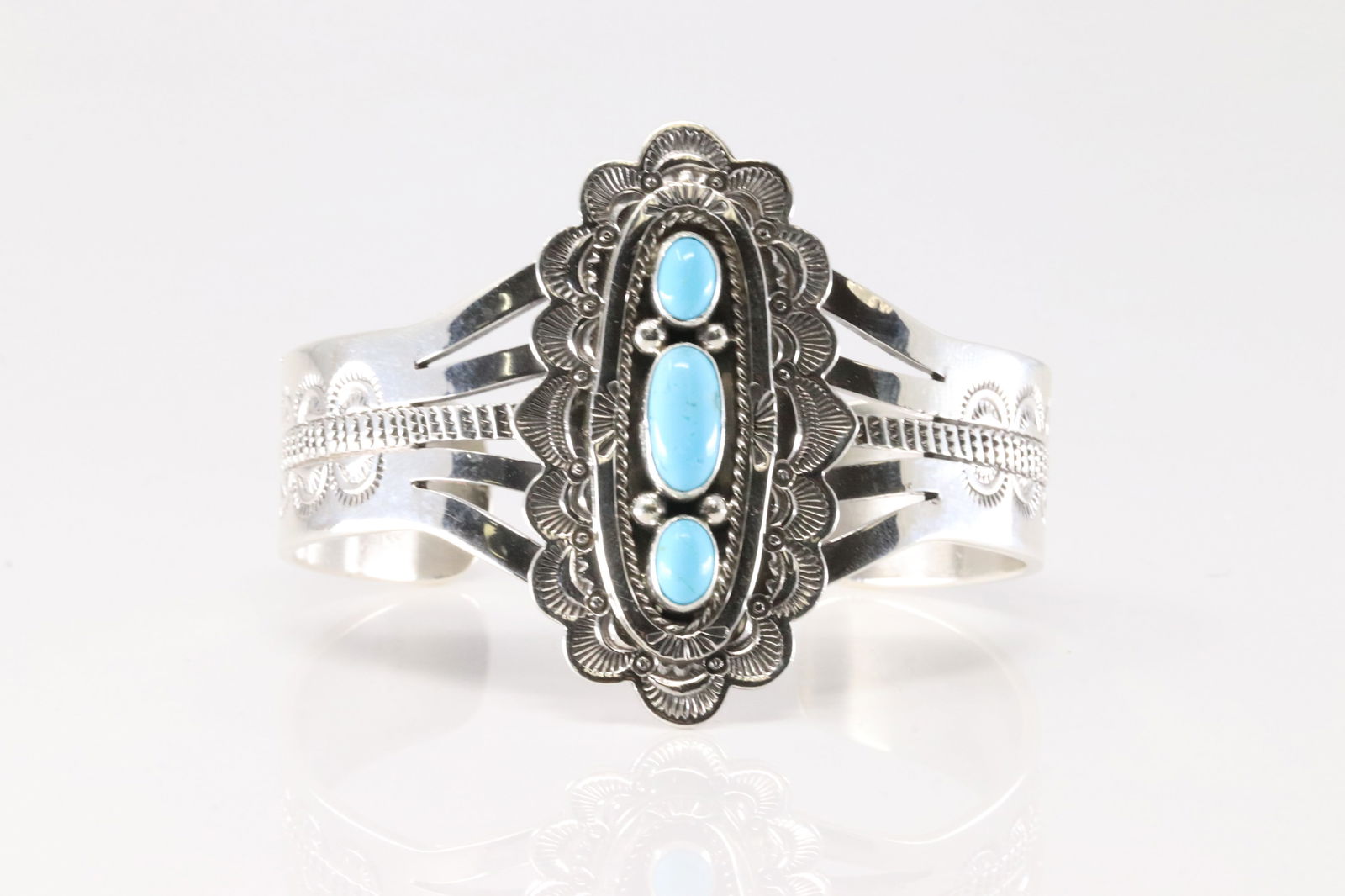 Native America Navajo Sterling Silver Turquoise Bracelet 3 Stone Cuff By Eula Wylie. (1 of 4)