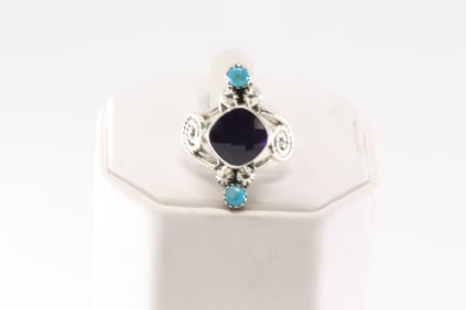 Native America Navajo Sterling Silver Purple Amethyts & Turquoise Ring By Mike Smith.
