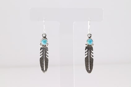 Native American Navajo Sterling Silver Turquoise Feather Dangling Earring's By Sharon McCarthy.