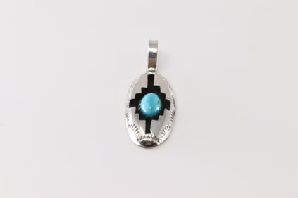 Native America Navajo Sterling Silver Turquoise Pendant By Felix Perry.