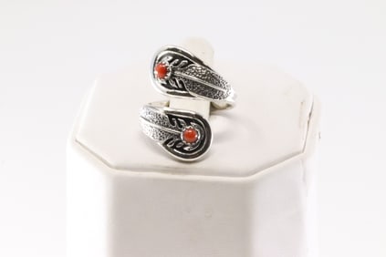 Native America Navajo Sterling Silver Coral Ring By Genevieve Francisco.