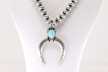 Native America Navajo Sterling Silver Turquoise Naja Necklace By Jan Mariano / Dorinda Mariano.