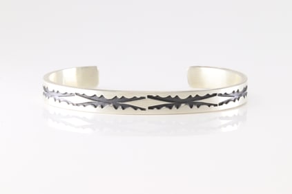Native America Navajo Sterling Silver Stamped Solid Bracelet Cuff By Jerrold Tahe.