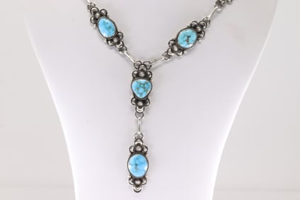 Native America Navajo Sterling Silver Kingman Turquoise Necklace By Derrick Gordon.