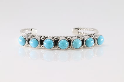 Native America Navajo Sterling Silver Turquoise Bracelet 7 Stone Cuff By Sheena Jack.