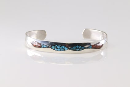 Native America Navajo Sterling Silver Coral & Turquoise Bracelet Cuff By Joleen Yazzie.