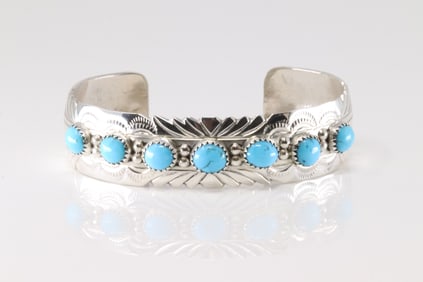 Native America Navajo Sterling Silver Turquoise Bracelet Cuff By David Segar.