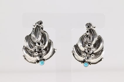 Native America Navajo Sterling Silver Turquoise Post Leaf Earring's By Darrell Morgan.