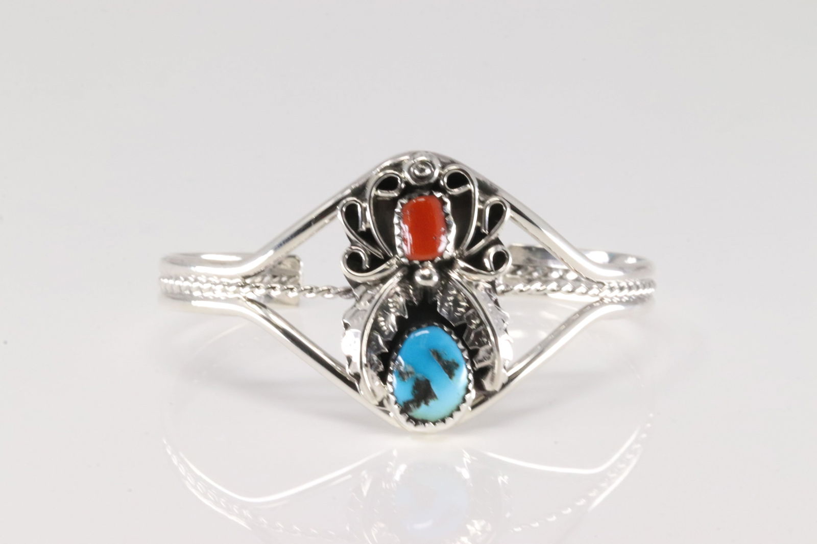 Native America Navajo Sterling Silver Coral & Turquoise Barcelet Cuff By Harry B.Yazzie.: This is a Native America Navajo Sterling Silver Coral & Turquoise Barcelet Cuff By Harry B.Yazzie.