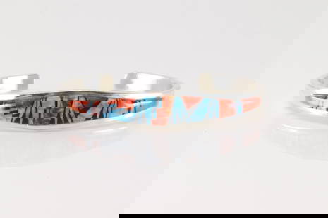 Native America Navajo Sterling Silver Multi-Color Stone Inlay Bracelet Cuff By C.W.: This is a Native America Navajo Sterling Silver Multi-Color Stone Inlay Bracelet Cuff By C.W.