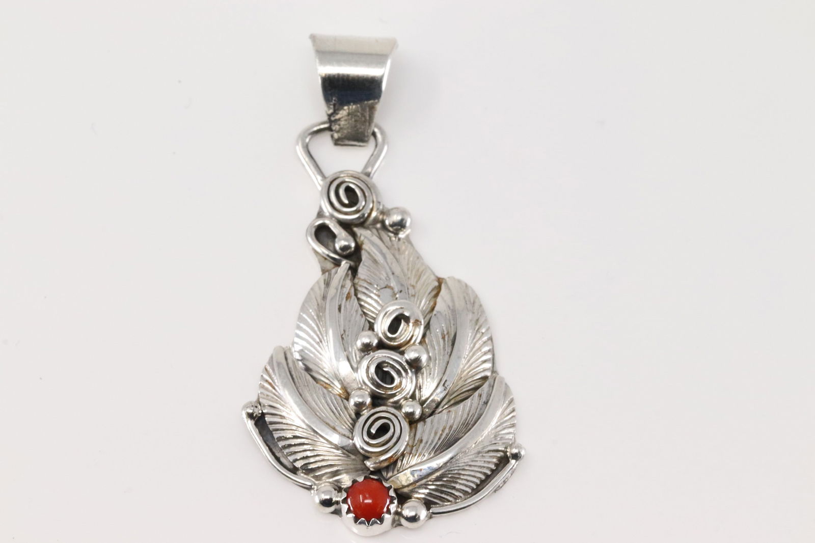 Native America Navajo Sterling Silver Coral Leaf Pendant By Darrell Morgan. (1 of 3)