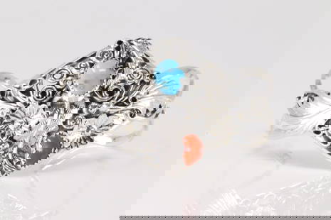 Native America Navajo Sterling Silver Coral & Turquoise Bracelet Floral Cuff By Harry B.Yazzie.: This is a Native America Navajo Sterling Silver Coral & Turquoise Bracelet Floral Cuff By Harry B.Yazzie.