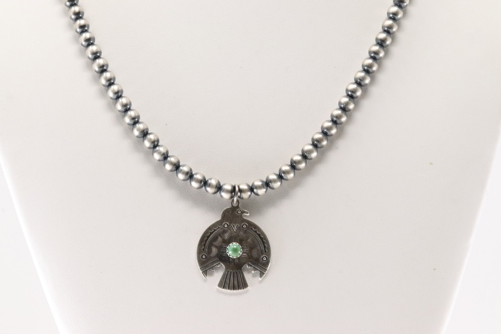 Native America Navajo Sterling Silver Turquoise Thunderbird Pendant & Pearl Beaded Necklace. (1 of 4)