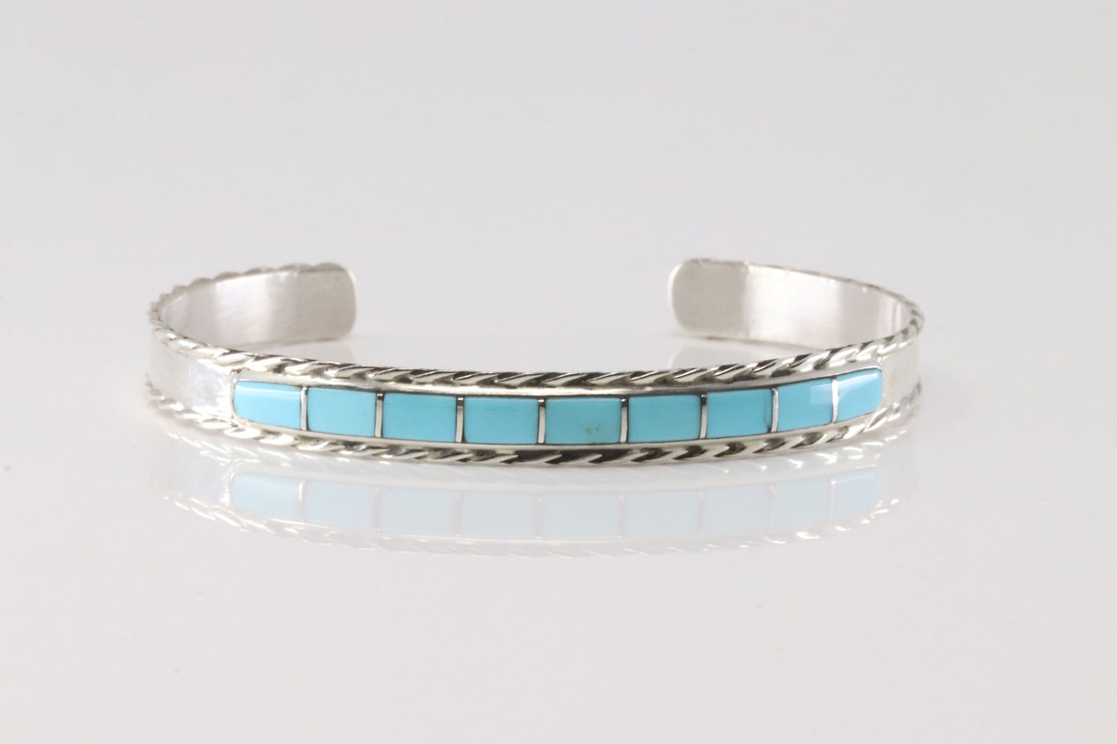 Native America Navajo Sterling Silver Turquoise Inlay Bracelet Cuff By J.P.: This is a Native America Navajo Sterling Silver Turquoise Inlay Bracelet Cuff By J.P.