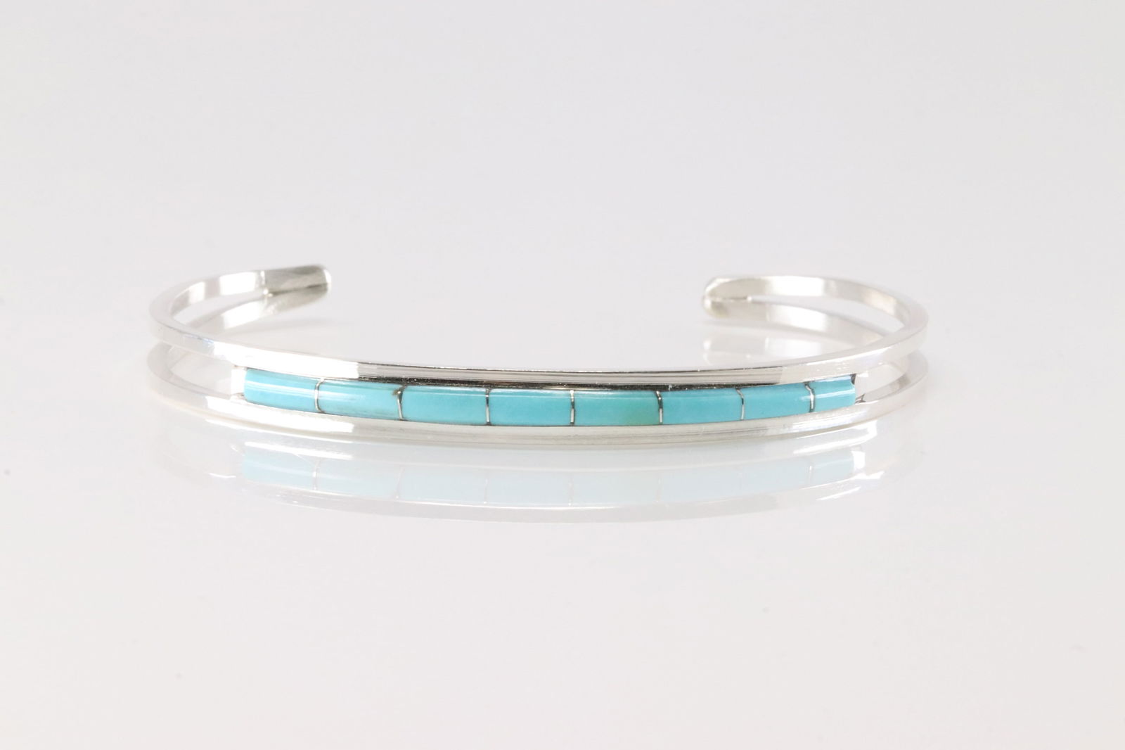 Native America Navajo Sterling Silver Turquoise Inlay Bracelet Cuff By ALW.: This is a Native America Navajo Sterling Silver Turquoise Inlay Bracelet Cuff By ALW.