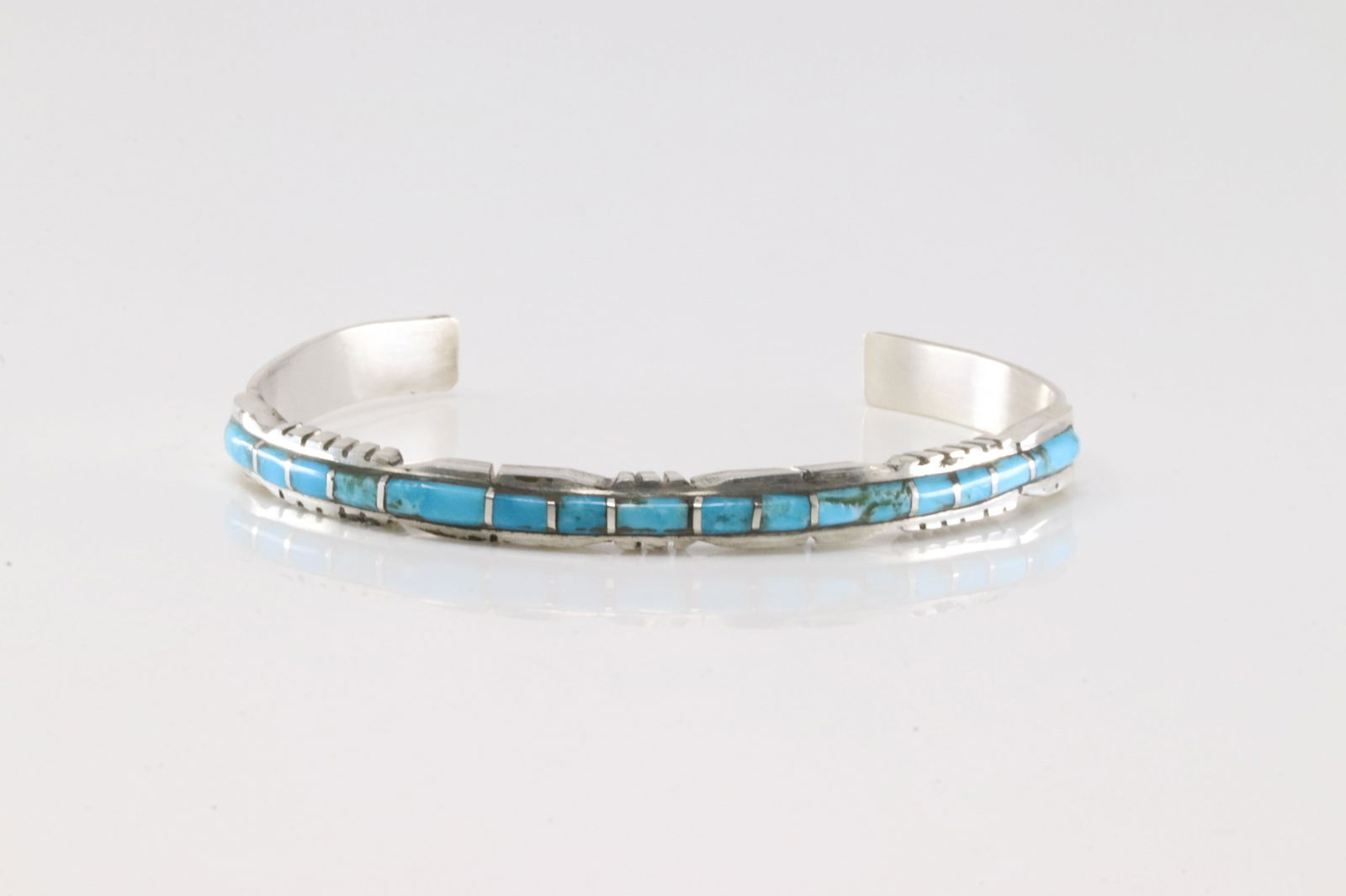 Native America Zuni Sterling Silver Turquoise Inlay Bracelet Cuff By Sheldon Lalio.: This is a Native America Zuni Sterling Silver Turquoise Inlay Bracelet Cuff By Sheldon Lalio.