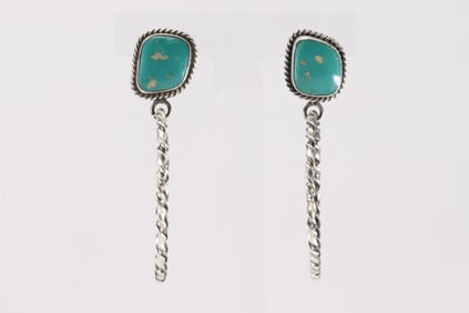 Native America Navajo Sterling Silver Kingman Turquoise Hoop Post / Dangling Earring's By Elouise
