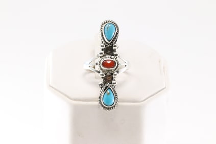 Native America Navajo Sterling Silver Coral & Turquoise Ring By Jerryson Henio.