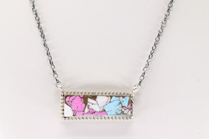 Native America Navajo Sterling Silver Cotton Candy Necklace By Brandon Etcitty.
