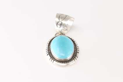 Native America Navajo Sterling Silver Kingman Turquoise Pendant By Alfred Martinez.