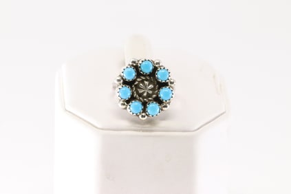 Native America Navajo Sterling Silver Turquoise Flower Ring By B.