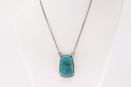 Native America Navajo Sterling Silver Kingman Turquoise Necklace By Scott Skeets.