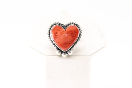 Native America Navajo Sterling Silver Spiny Oyster Heart Ring By I.Kee.