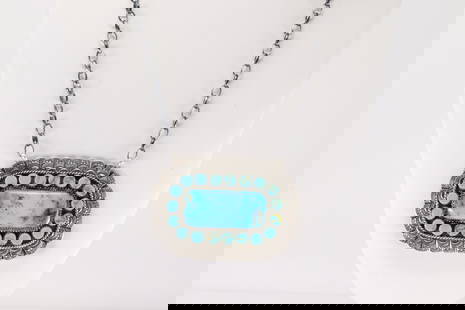 Native America Navajo Sterling Silver Kingman Turquoise Necklace By Larry Etcitty.: This is a Native America Navajo Sterling Silver Kingman Turquoise Necklace By Larry Etcitty. Necklace length: 18.00"