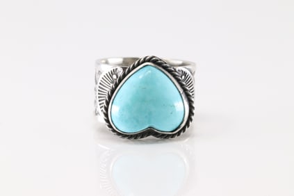 Native American Navajo Sterling Silver Kingman Turquoise Heart Ring By Sunshine Reeves.