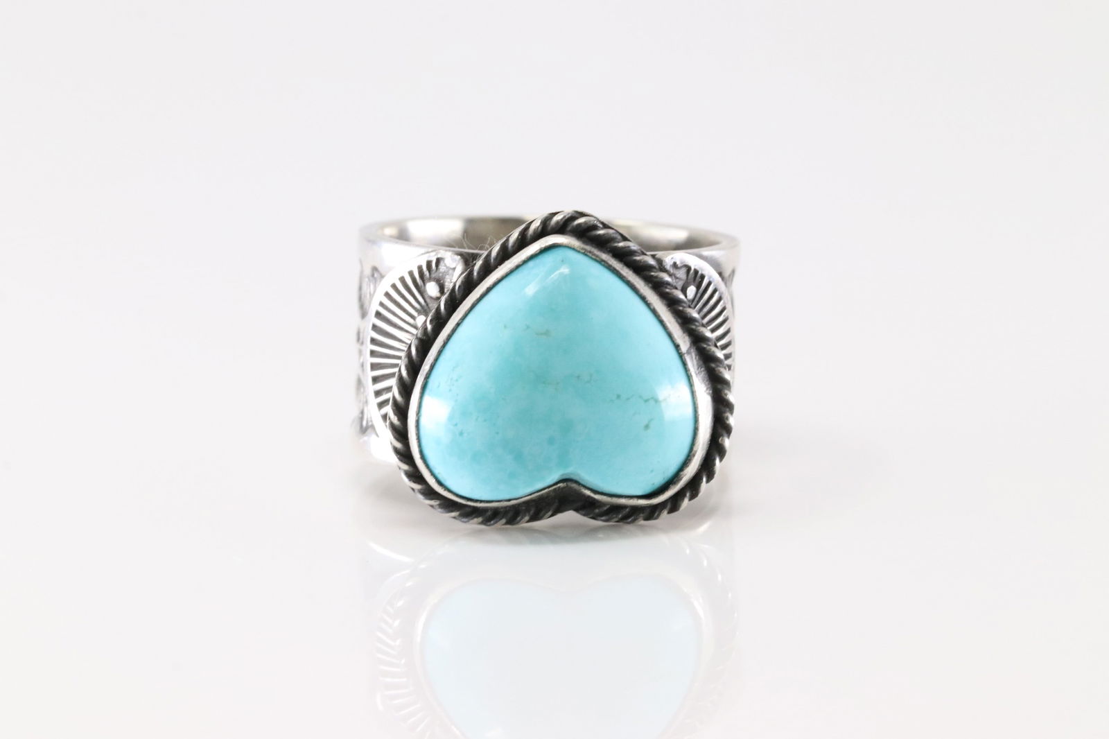 Native American Navajo Sterling Silver Kingman Turquoise Heart Ring By Sunshine Reeves. (1 of 4)