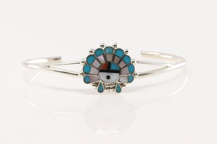 Native America Zuni Sterling Silver Multi-Color Stone Bracelet Cuff By E.R.