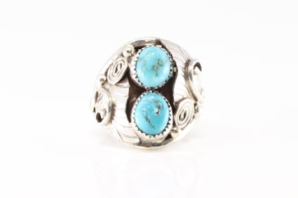 Native America Navajo Sterling Silver Turquoise Ring 2 Stone By B.