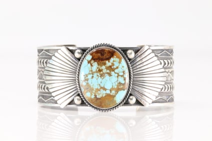 Native America Navajo Sterling Silver Kingman Turquoise Bracelet Cuff By Sunshine Reeves.