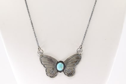 Native America Navajo Sterling Silver Kingman Turquoise Butterfly Necklace By Rick Enriquez.