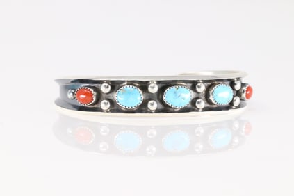 Native America Navajo Sterling Silver Coral & Turquooise Bracelet Cuff By Paul Largo.